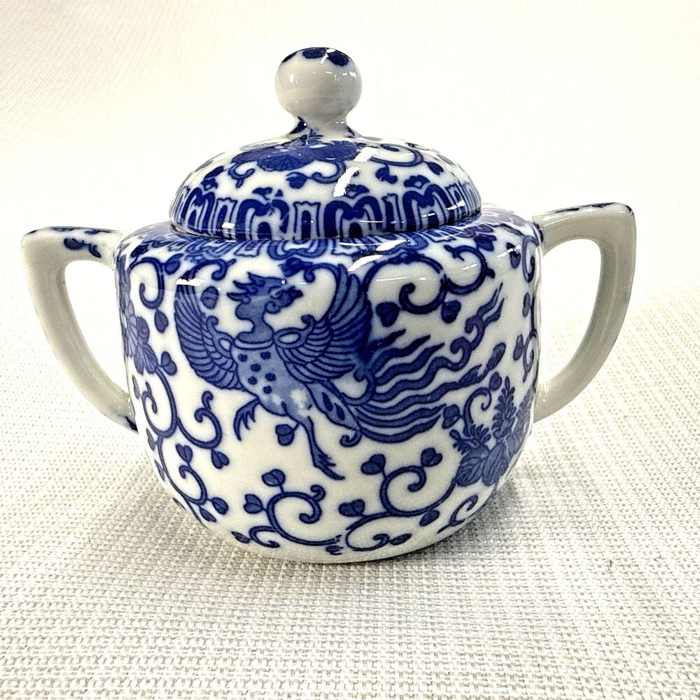 Vintage Flying Turkey Phoenix Blue White Porcelain Sugar Bowl Japan